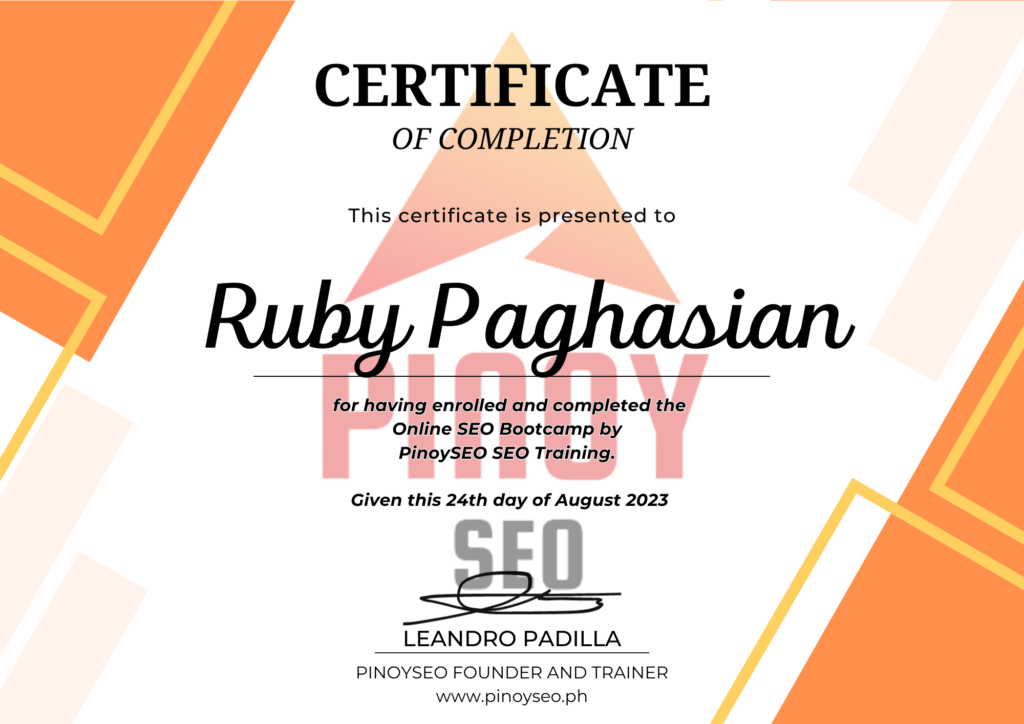 Pinoy SEO Online Bootcamp Certificate for Ruby Paghasian